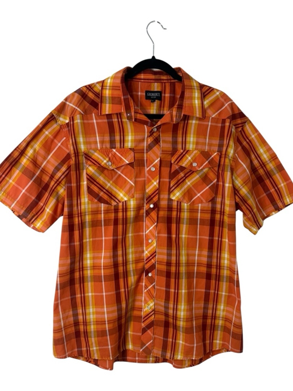 Gioberti Men’s XL Orange Plaid Western Pearl Snap Shirt Short Sleeve Cotton